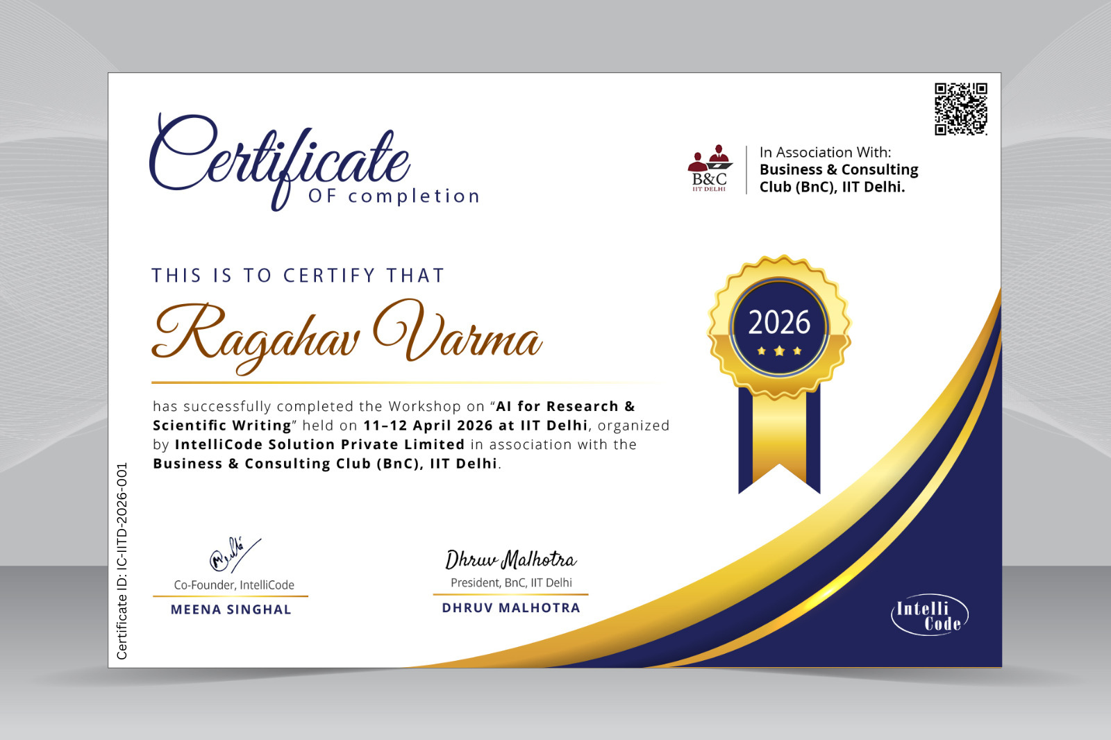 Workshop certificate sample — verifiable, QR-coded credential